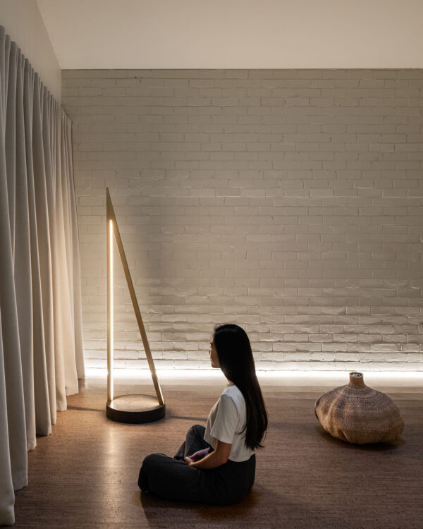 Mirosuna Melbourne yoga space with flowy curtains and soft ambient lighting to promote wellness through furnishings and design.